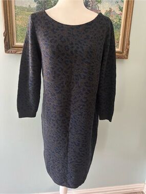 LOFT Navy and Black Animal-Print Knit Midi Dress